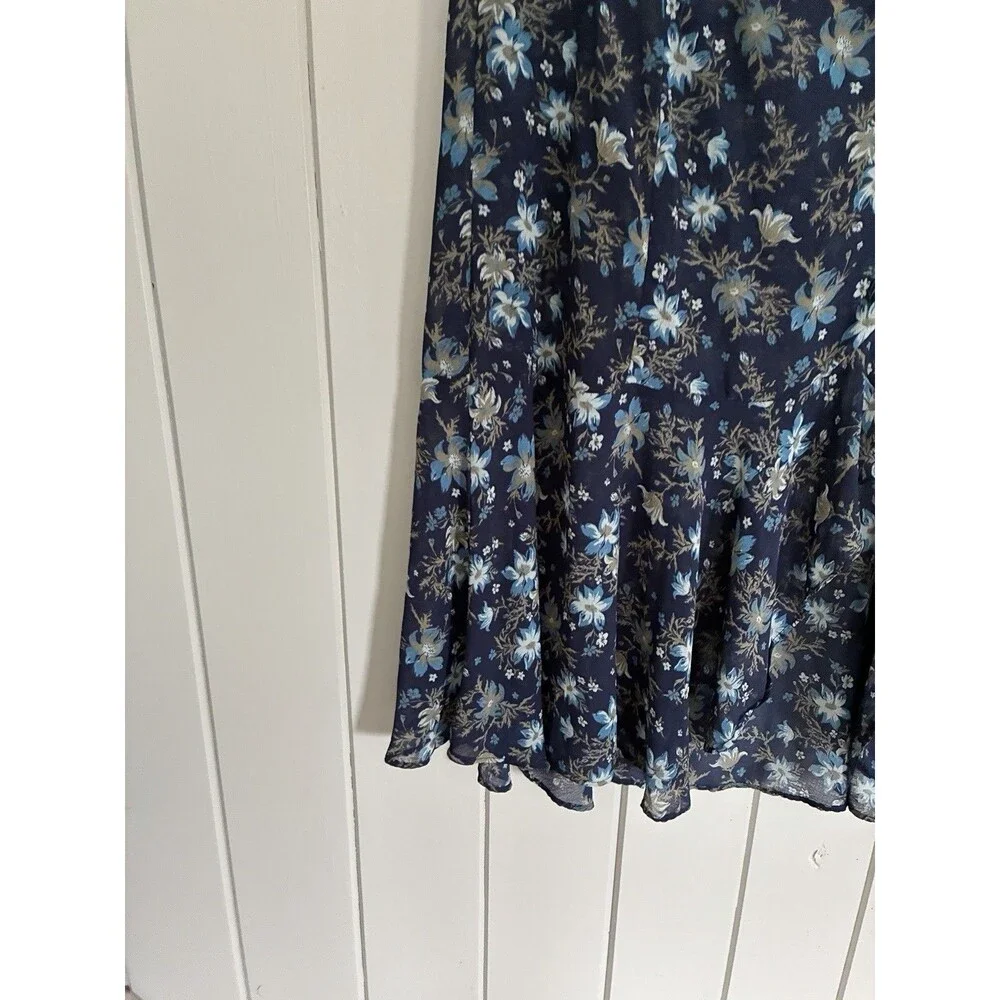 Free People Femme Edge Maxi Skirt 12 Ink Blue Floral Sheer Flowy Wrap Side Tie